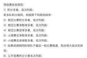 U23亚预赛小组第二同分排名规则：净胜球→总进球→公平竞赛分