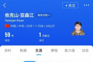 20岁山东泰山中场依克山将加盟中国香港超级联赛球队东方