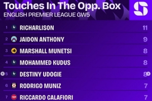 英超第5轮对方禁区触球榜：理查利森11次最多 杰顿-安东尼9次第二